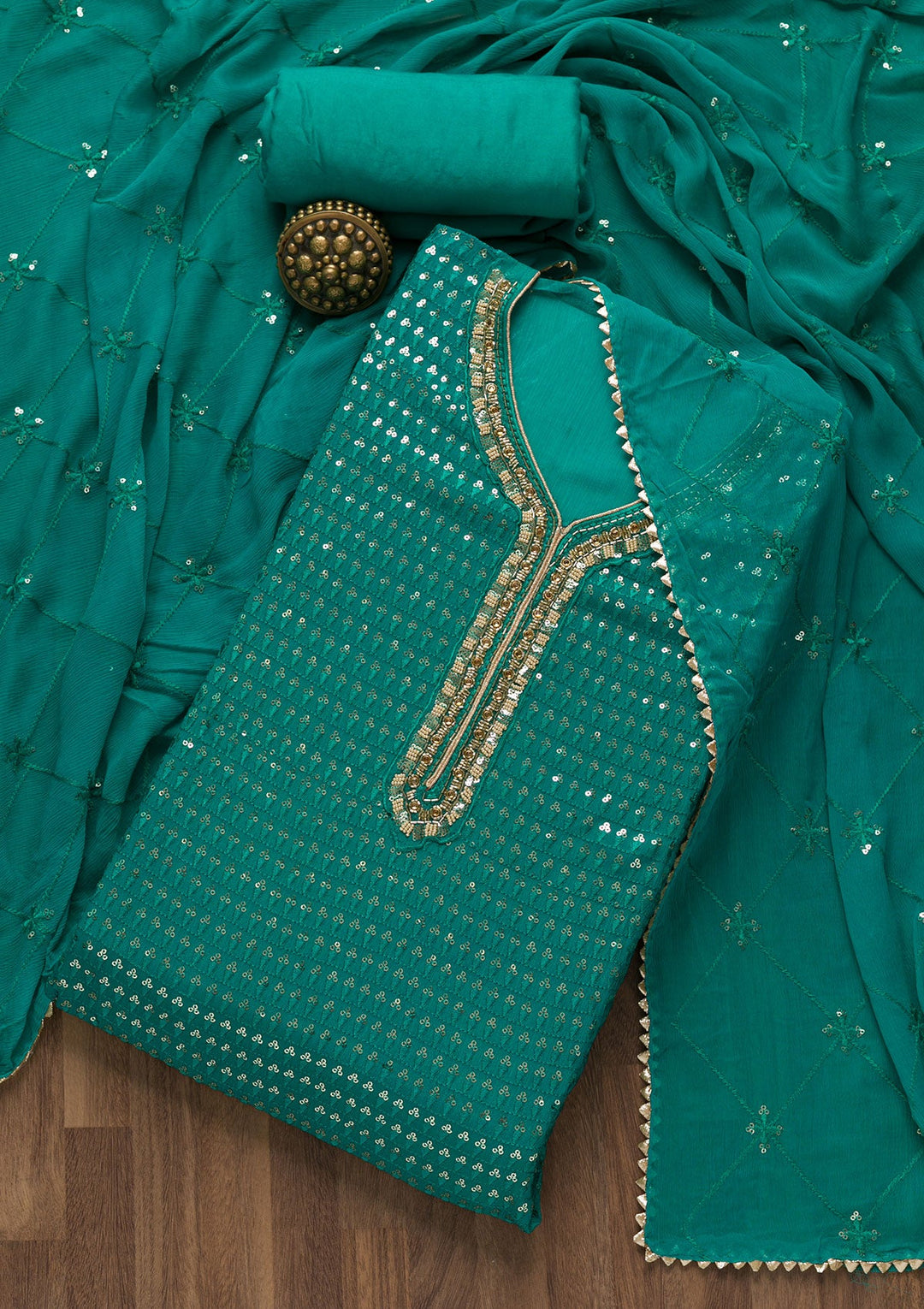 Rama Green Sequins Georgette Unstitched Salwar Suit-Koskii