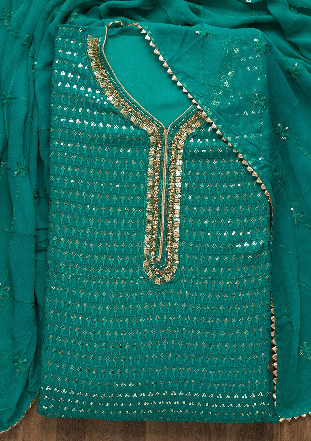 Rama Green Sequins Georgette Unstitched Salwar Suit-Koskii