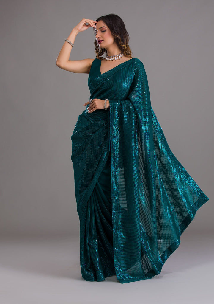 Rama Green Sequins Georgette Saree-Koskii