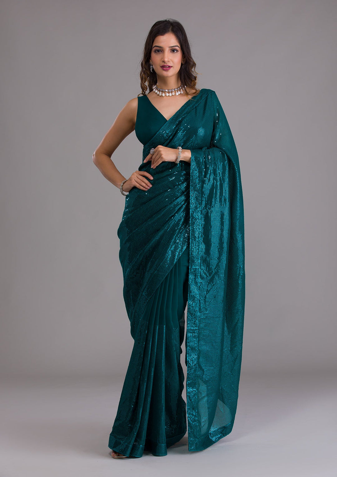 Rama Green Sequins Georgette Saree-Koskii