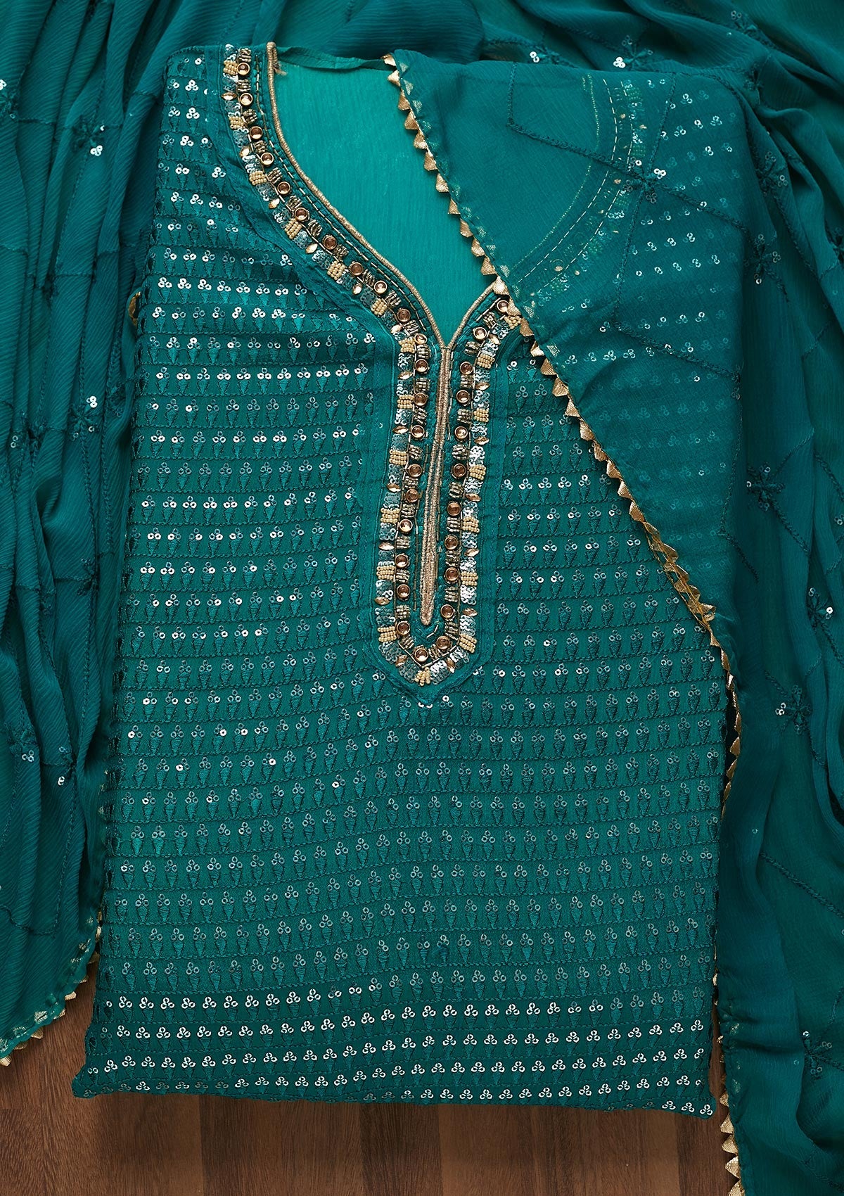 Rama Green Sequins Semi Crepe Unstitched Salwar Suit-Koskii