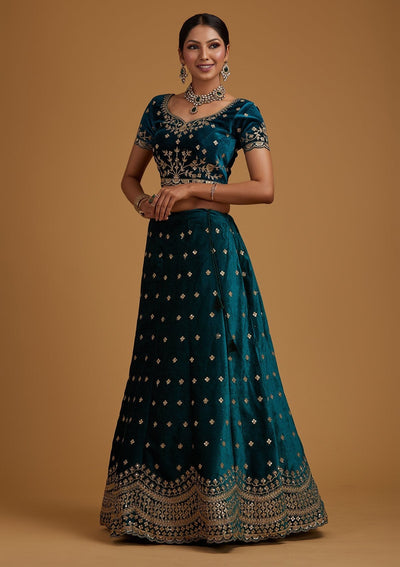 Rama Green Sequins Velvet Designer Semi-Stitched Lehenga - koskii
