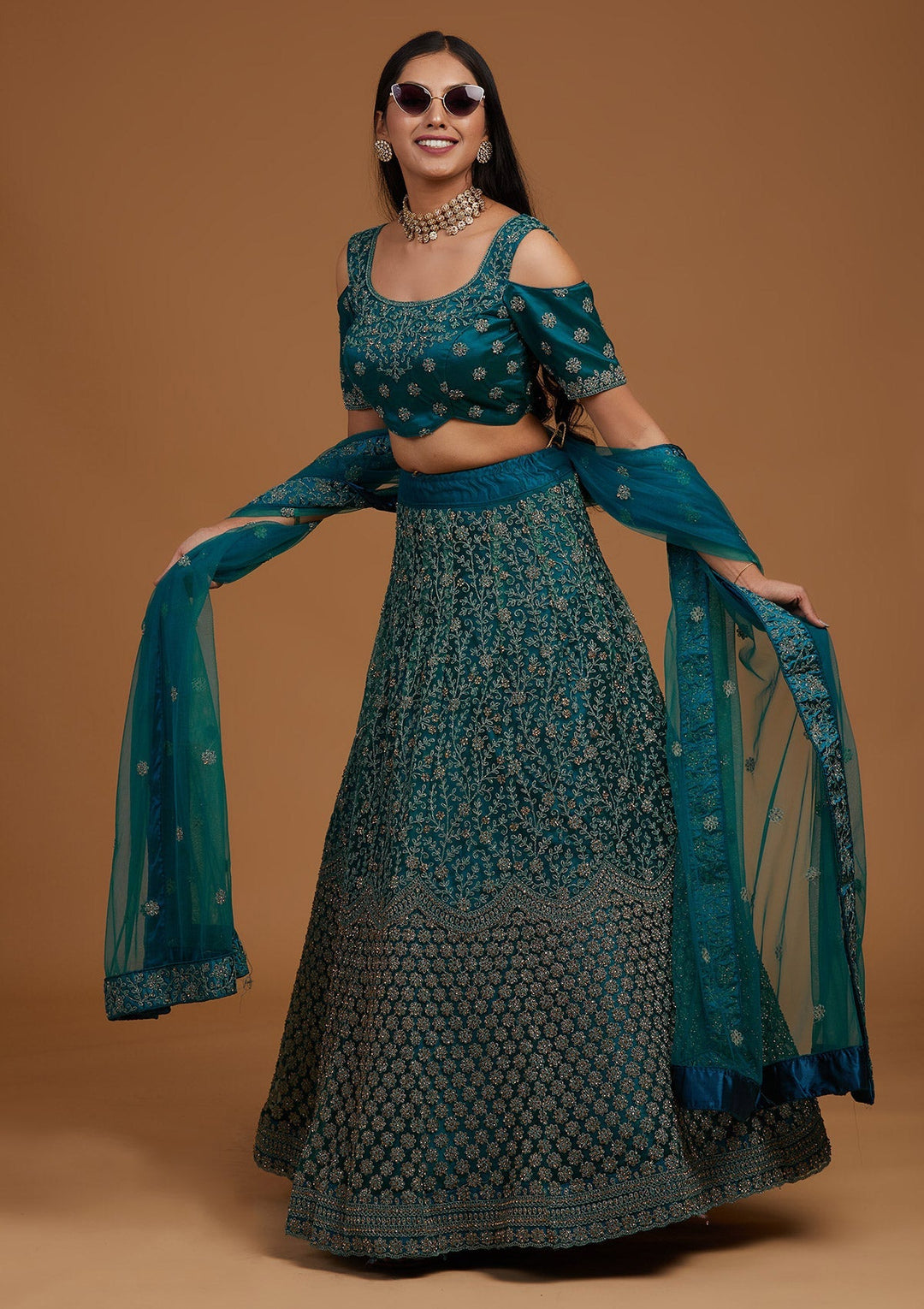 Rama Green Stonework Net Designer Lehenga-Koskii