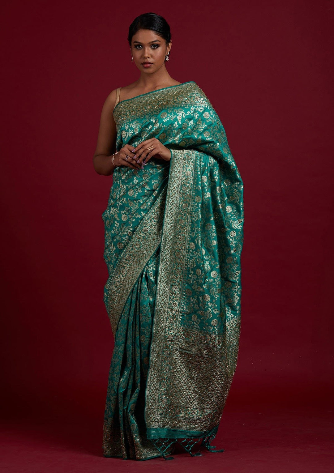 Rama Green Stonework Semi Crepe Designer Saree - Koskii