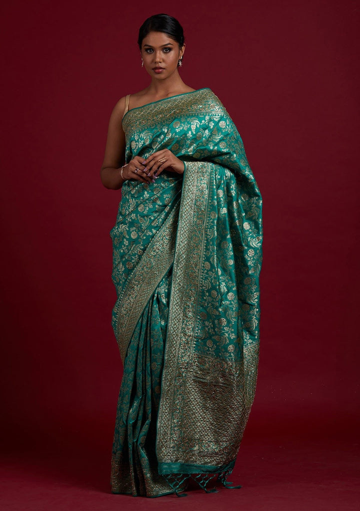 Rama Green Stonework Semi Crepe Designer Saree - Koskii