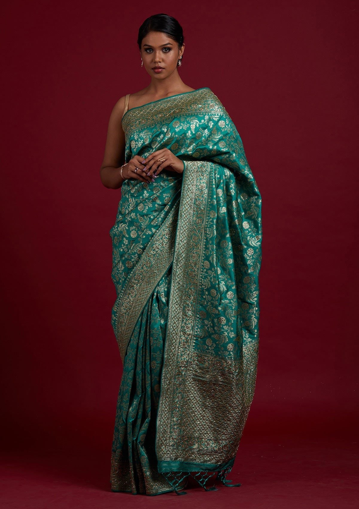 Rama Green Stonework Semi Crepe Designer Saree - Koskii