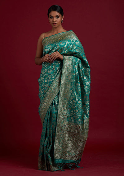 Rama Green Stonework Semi Crepe Designer Saree - Koskii