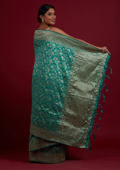 Rama Green Stonework Semi Crepe Designer Saree - Koskii
