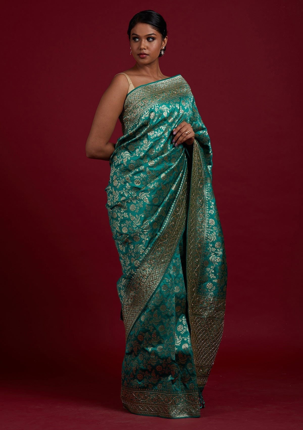 Rama Green Stonework Semi Crepe Designer Saree - Koskii