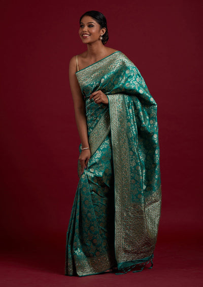 Rama Green Stonework Semi Crepe Designer Saree - Koskii