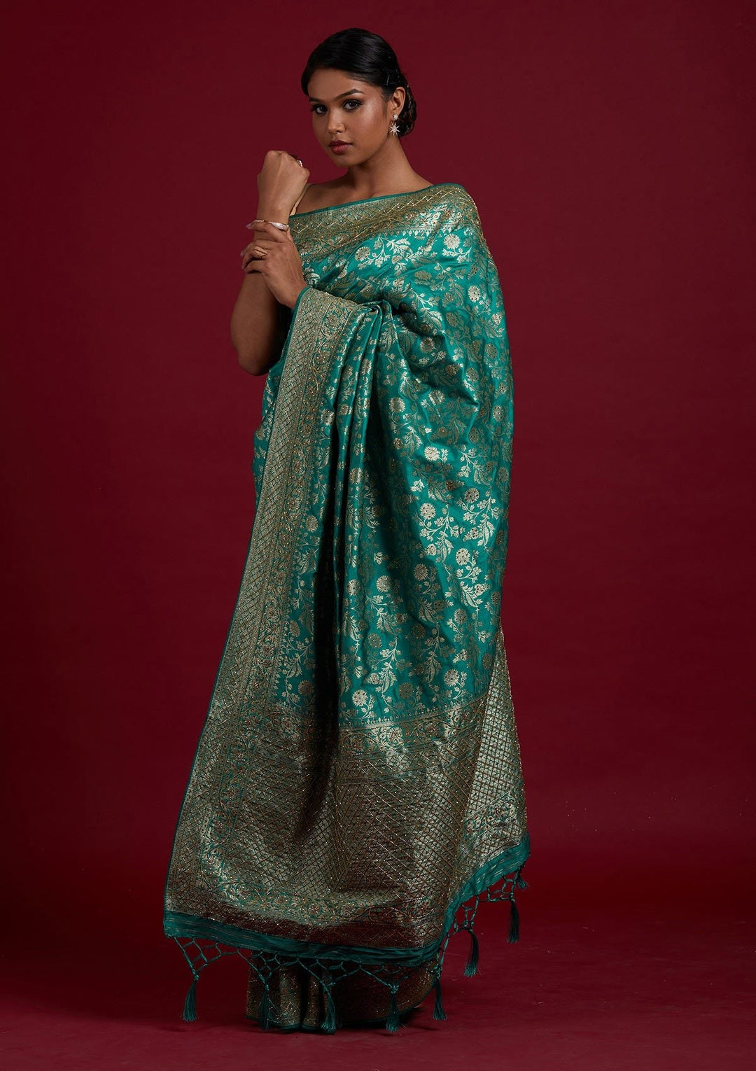 Rama Green Stonework Semi Crepe Designer Saree - Koskii