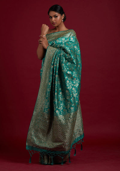 Rama Green Stonework Semi Crepe Designer Saree - Koskii