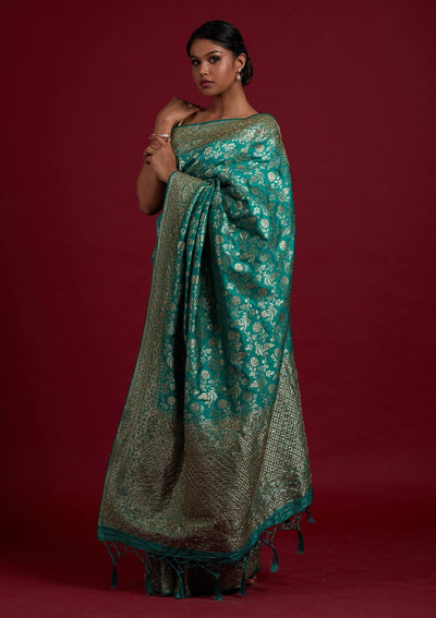 Rama Green Stonework Semi Crepe Designer Saree - Koskii