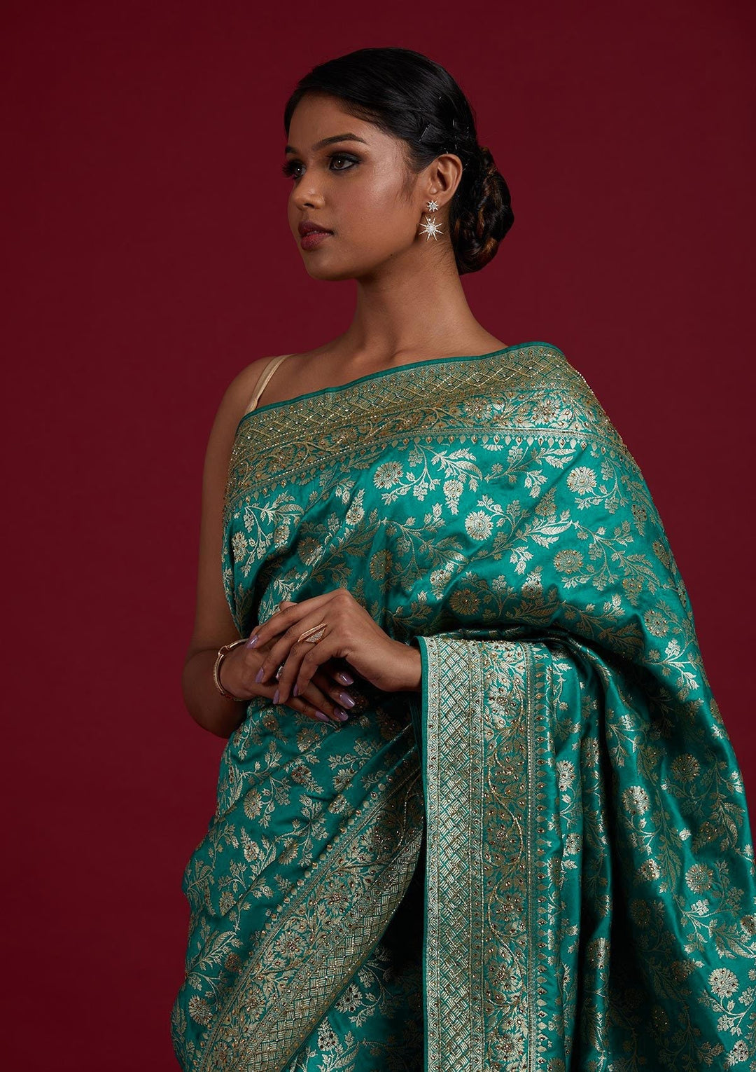 Rama Green Stonework Semi Crepe Designer Saree - Koskii
