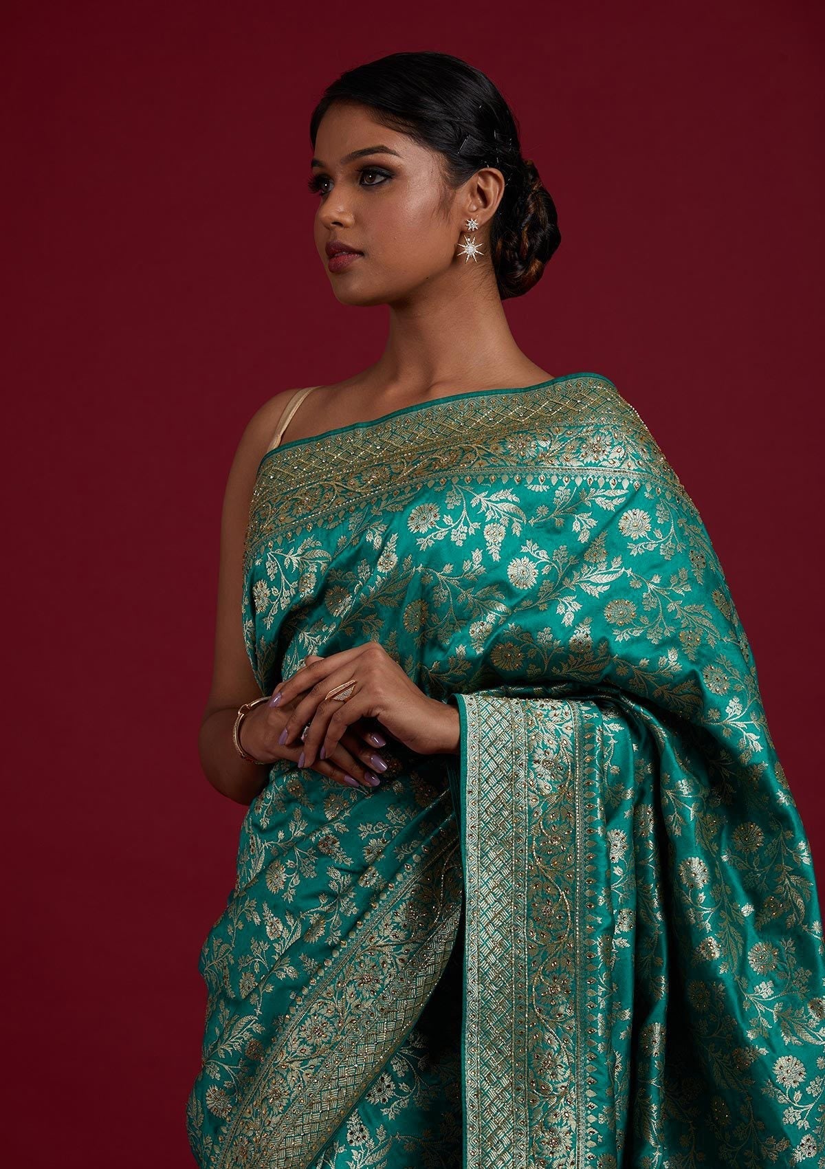 Rama Green Stonework Semi Crepe Designer Saree - Koskii