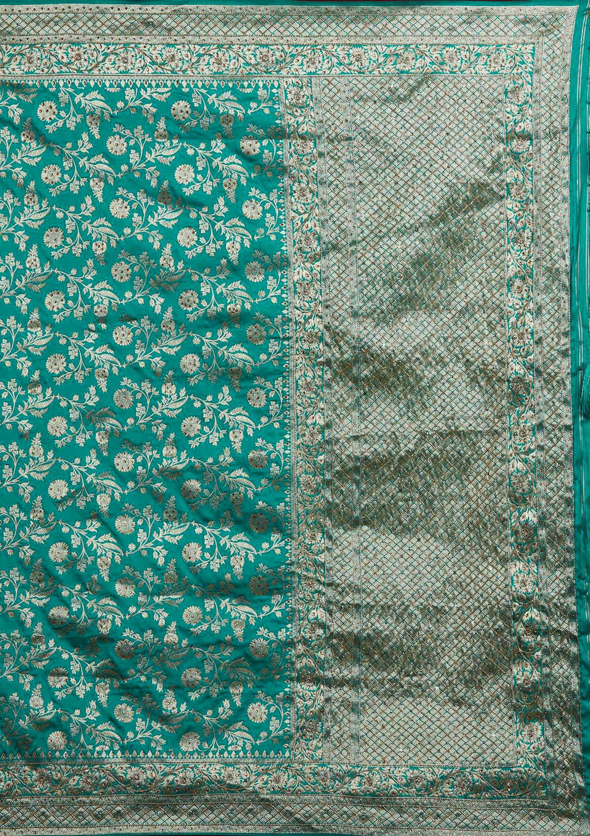 Rama Green Stonework Semi Crepe Designer Saree - Koskii