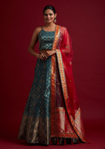 Rama Green Swarovski Banarasi Designer Semi-Stitched Lehenga - koskii