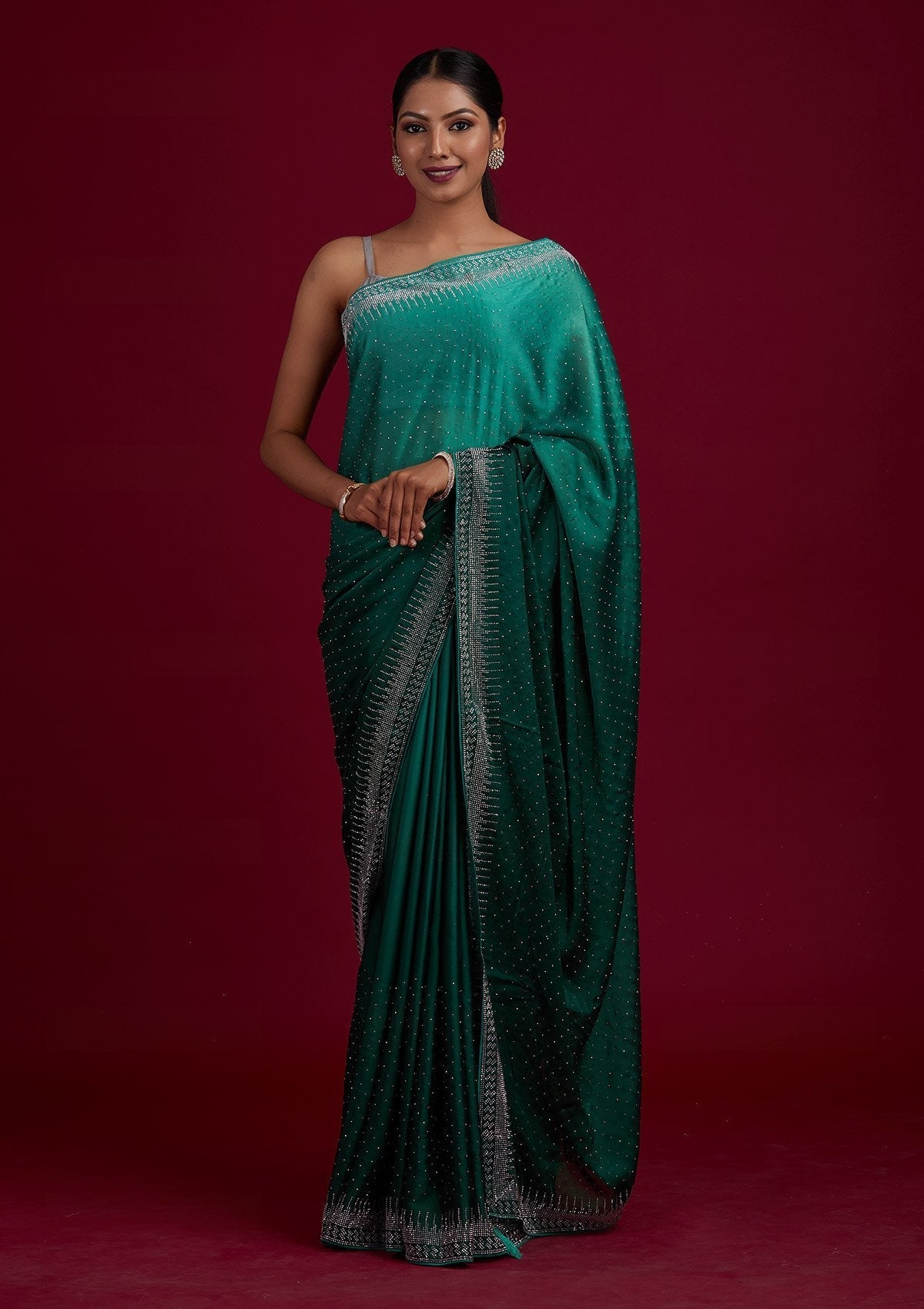 Rama Green Swarovski Semi Crepe Designer Saree - Koskii