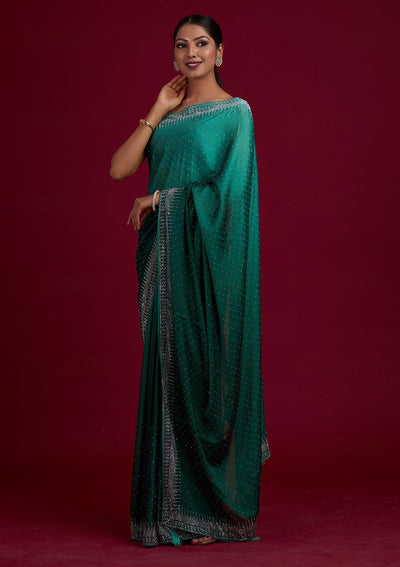 Rama Green Swarovski Semi Crepe Designer Saree - Koskii