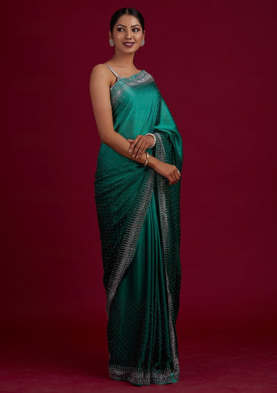 Rama Green Swarovski Semi Crepe Designer Saree - Koskii