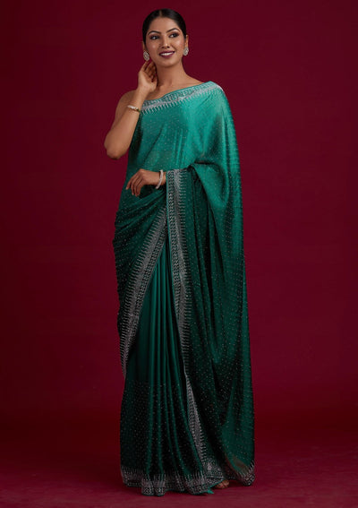 Rama Green Swarovski Semi Crepe Designer Saree - Koskii