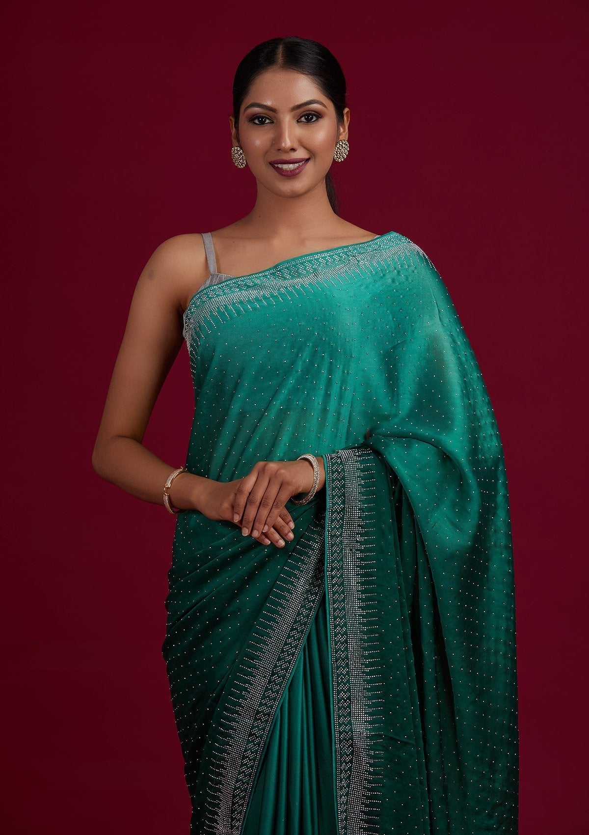 Rama Green Swarovski Semi Crepe Designer Saree - Koskii