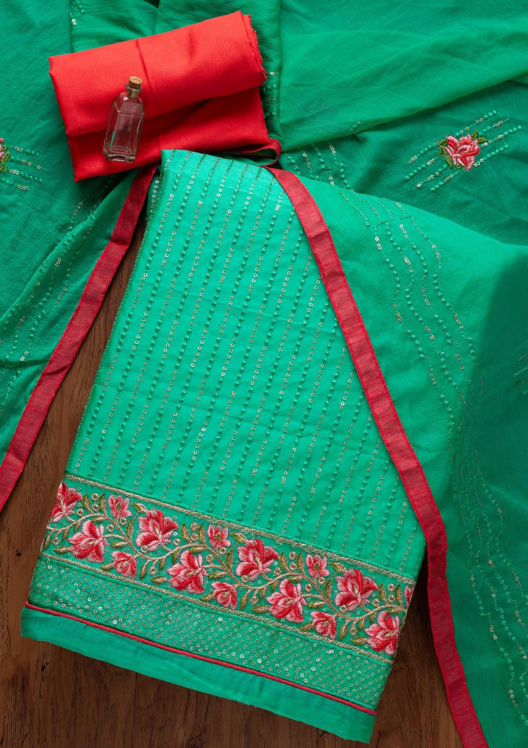 Rama Green Threadwork Chanderi Designer Semi-Stitched Salwar Suit - koskii