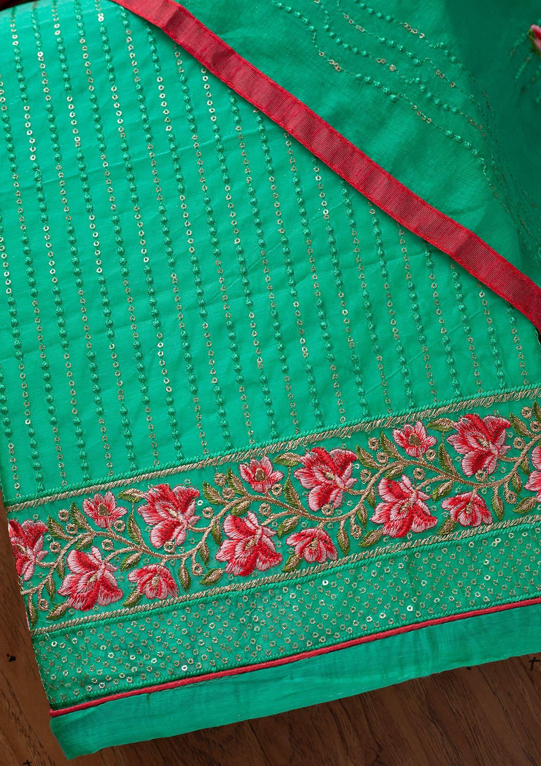 Rama Green Threadwork Chanderi Designer Semi-Stitched Salwar Suit - koskii