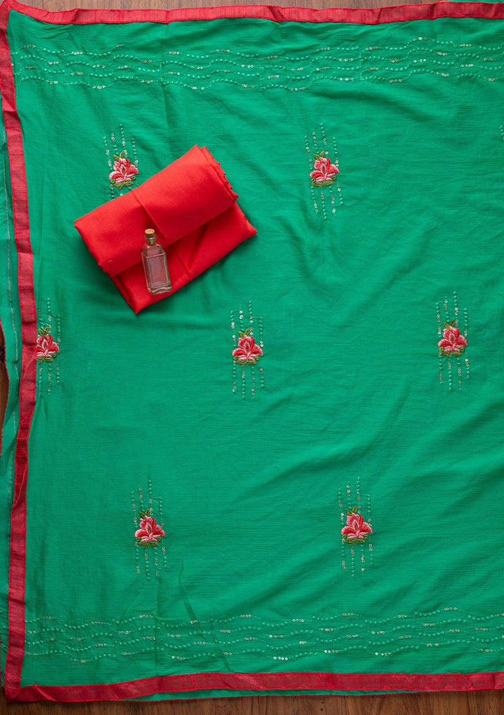 Rama Green Threadwork Chanderi Designer Semi-Stitched Salwar Suit - koskii