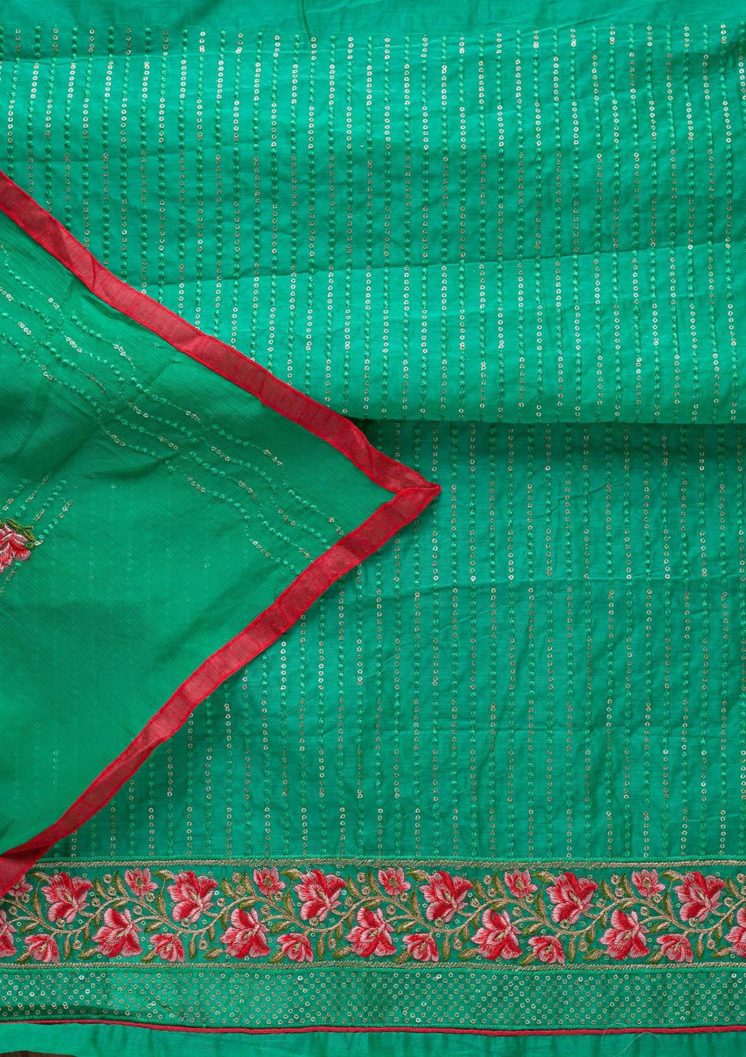 Rama Green Threadwork Chanderi Designer Semi-Stitched Salwar Suit - koskii