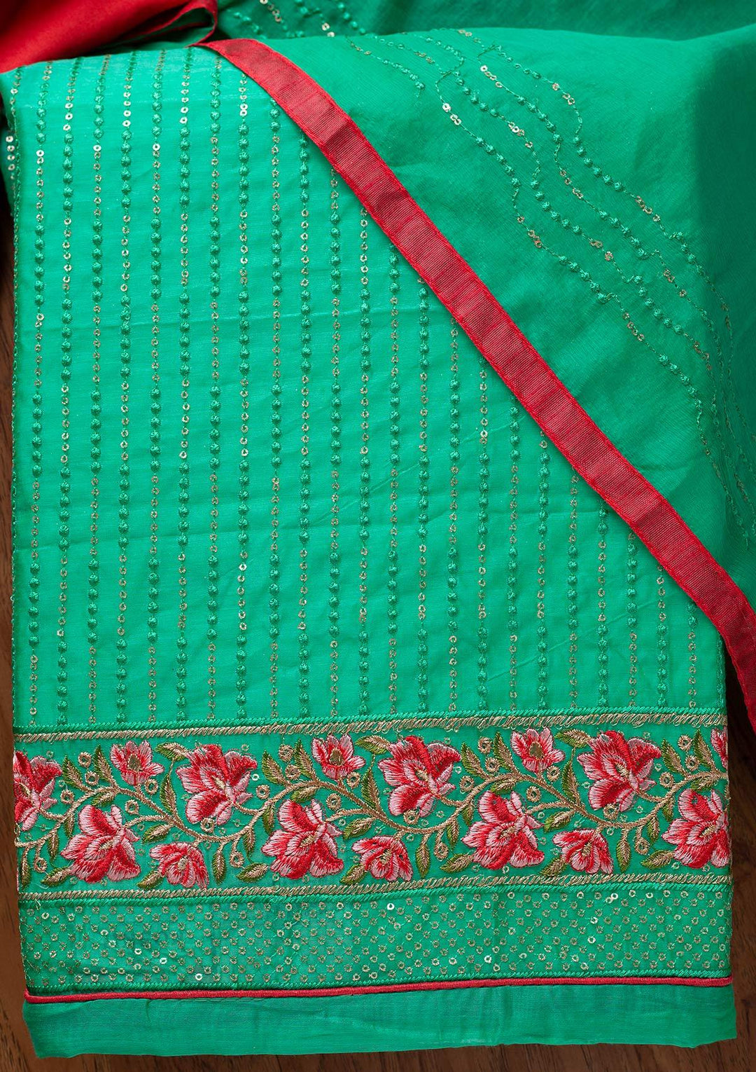 Rama Green Threadwork Chanderi Designer Semi-Stitched Salwar Suit - koskii