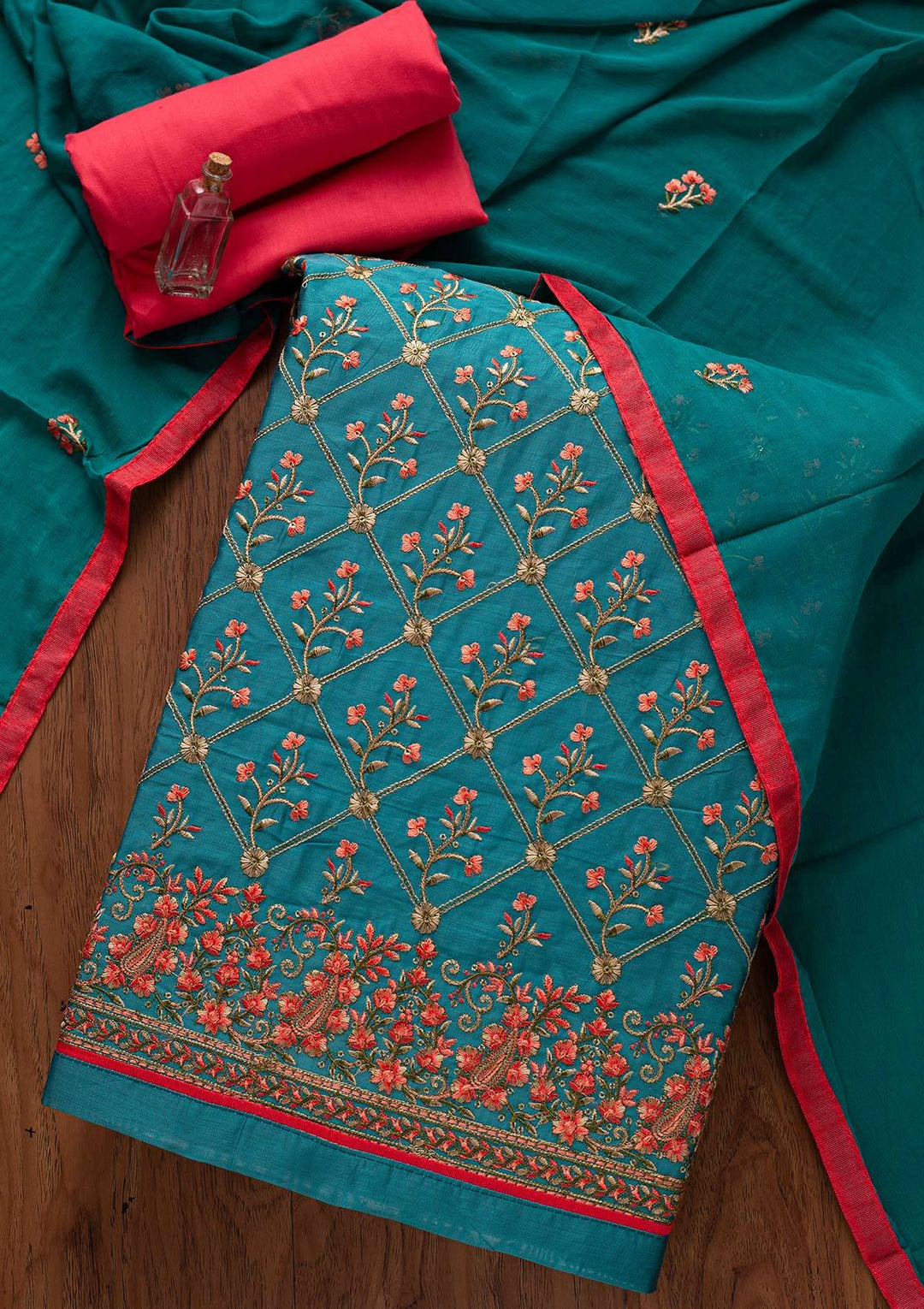 Rama Green Threadwork Chanderi Designer Semi-Stitched Salwar Suit - koskii