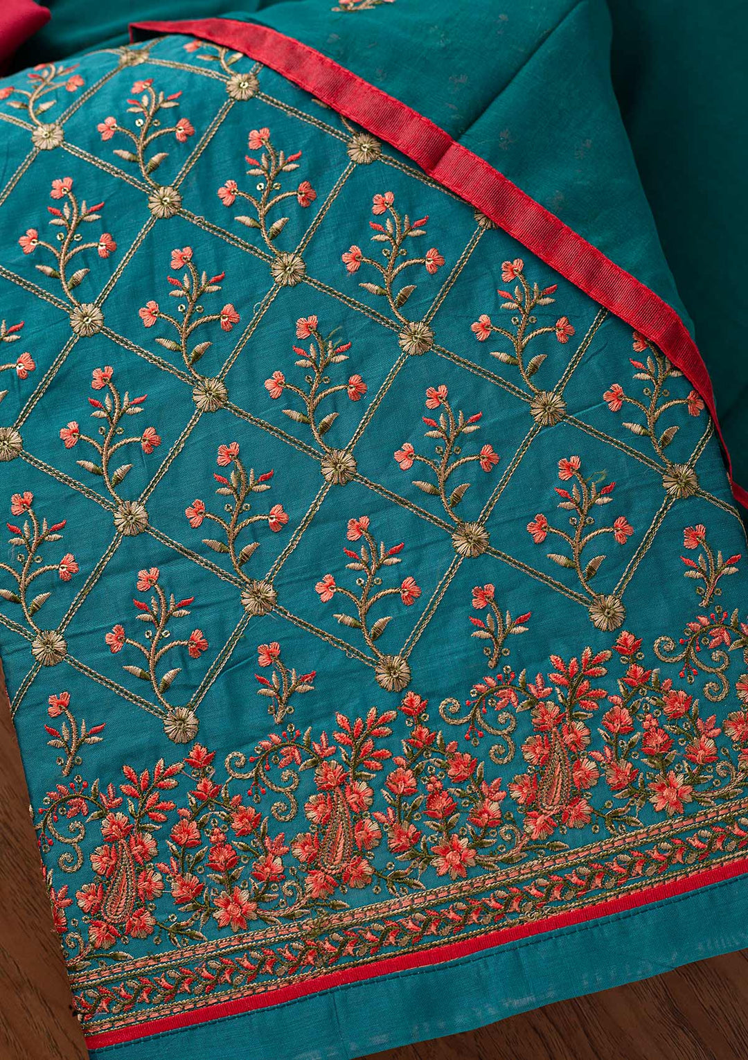 Rama Green Threadwork Chanderi Designer Semi-Stitched Salwar Suit - koskii