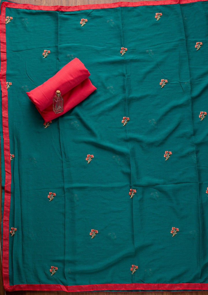Rama Green Threadwork Chanderi Designer Semi-Stitched Salwar Suit - koskii
