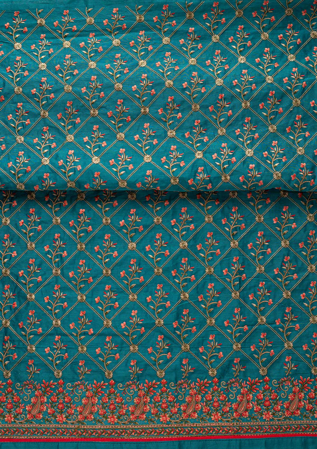 Rama Green Threadwork Chanderi Designer Semi-Stitched Salwar Suit - koskii