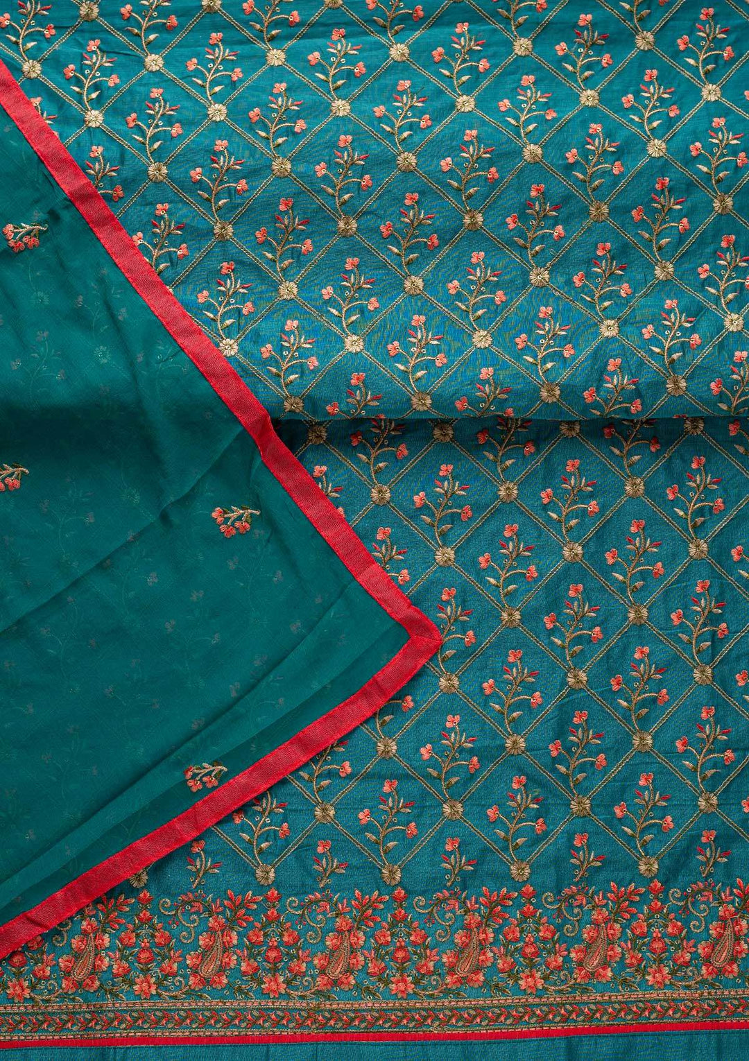 Rama Green Threadwork Chanderi Designer Semi-Stitched Salwar Suit - koskii