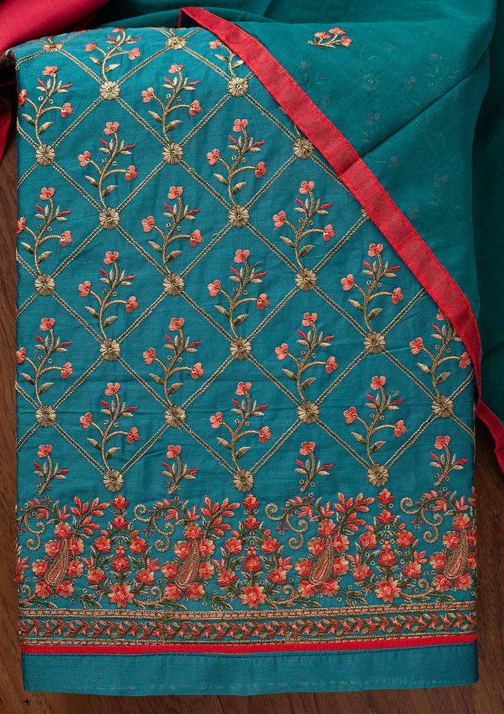 Rama Green Threadwork Chanderi Designer Semi-Stitched Salwar Suit - koskii