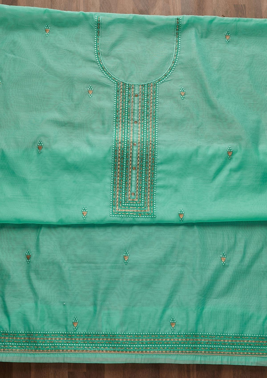 Rama Green Threadwork Chanderi Designer Unstitched Salwar Suit - Koskii