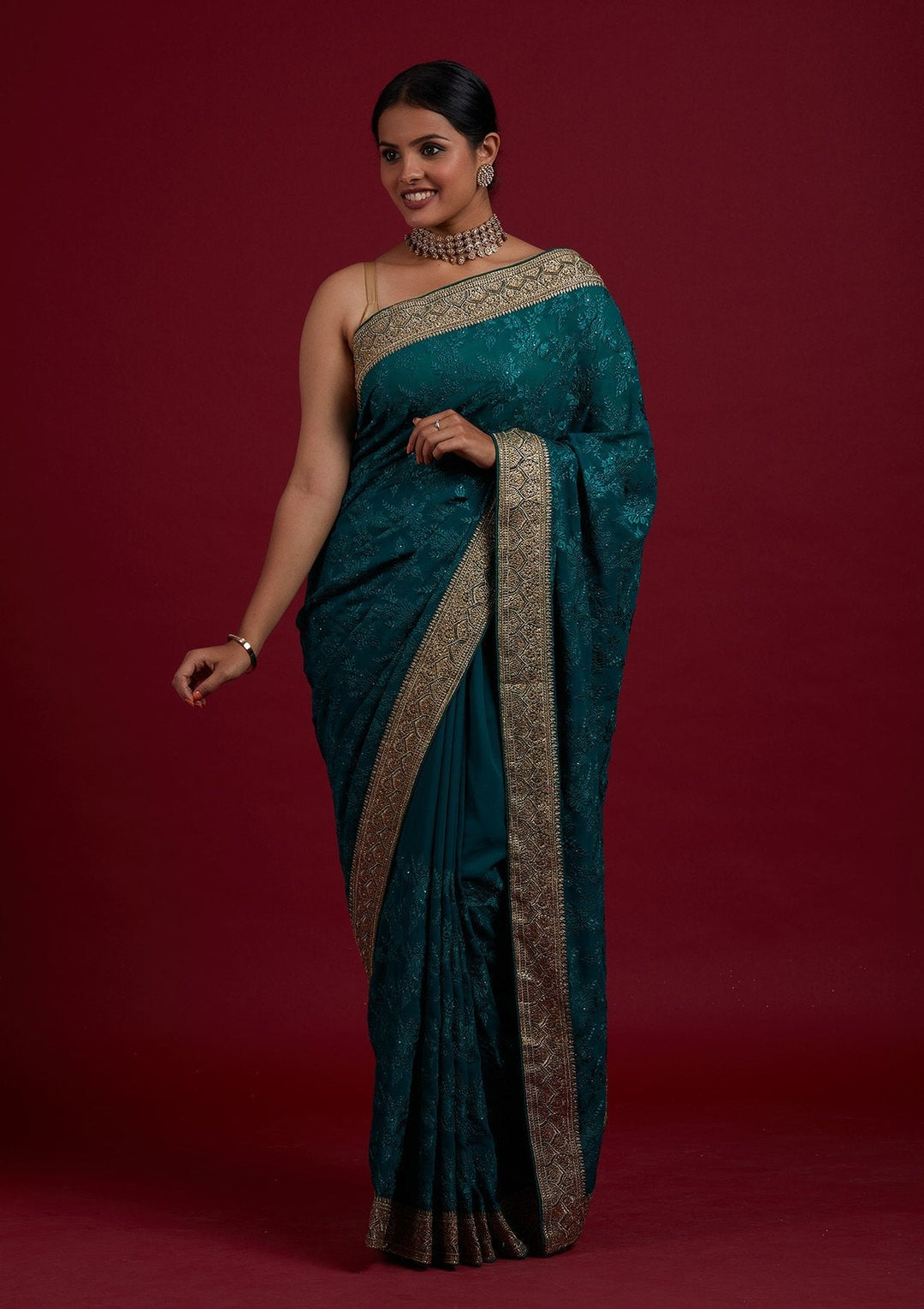 Rama Green Threadwork Georgette Designer Saree - Koskii