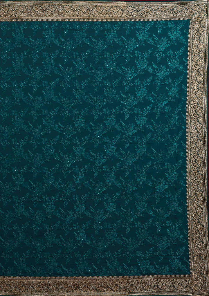 Rama Green Threadwork Georgette Designer Saree - Koskii