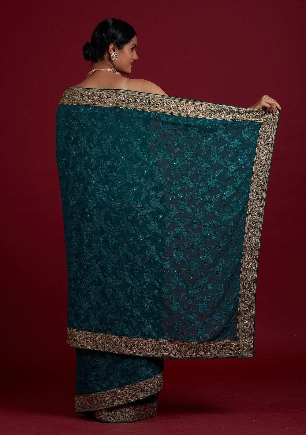 Rama Green Threadwork Georgette Designer Saree - Koskii