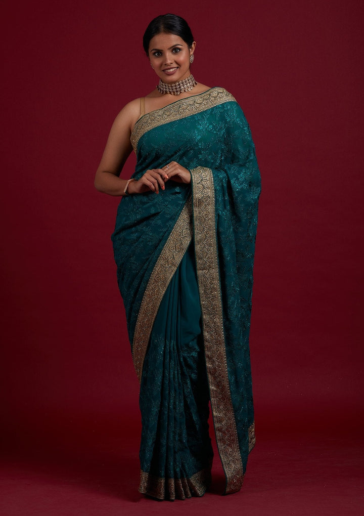 Rama Green Threadwork Georgette Designer Saree - Koskii