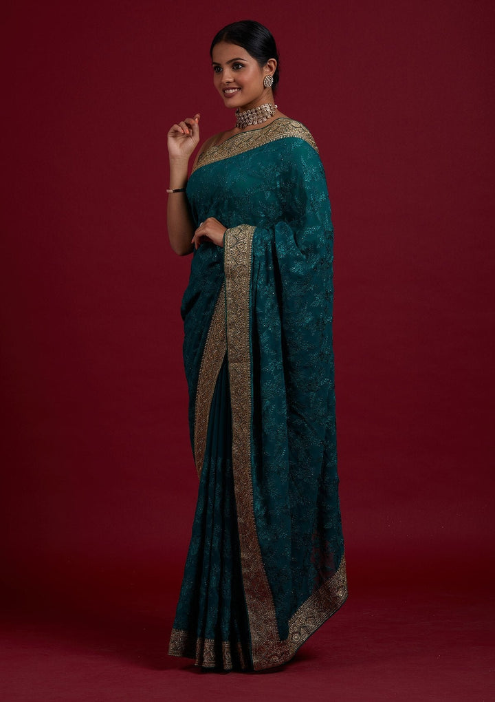 Rama Green Threadwork Georgette Designer Saree - Koskii