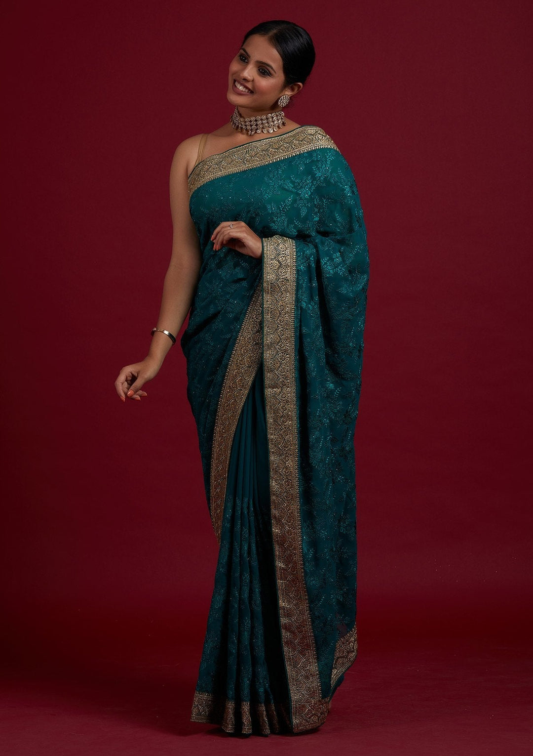 Rama Green Threadwork Georgette Designer Saree - Koskii