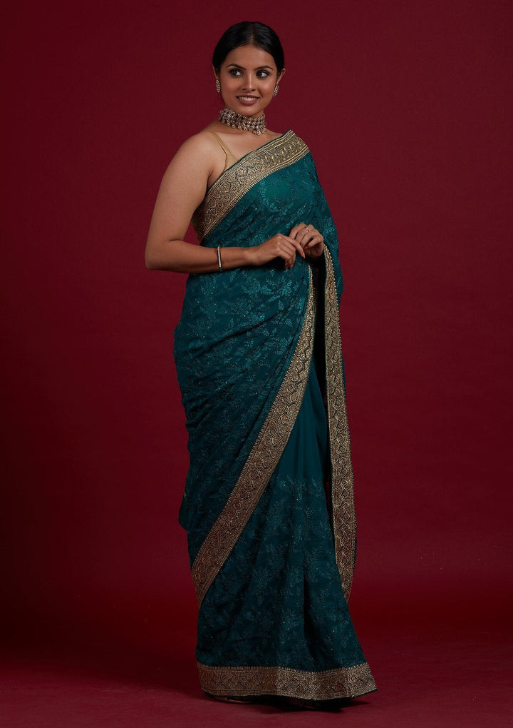Rama Green Threadwork Georgette Designer Saree - Koskii