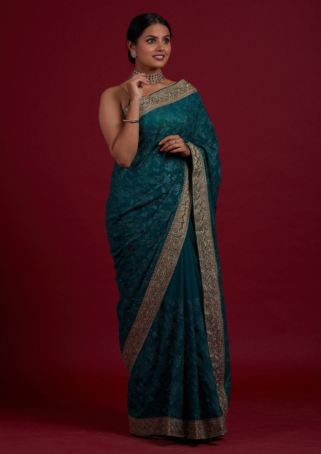Rama Green Threadwork Georgette Designer Saree - Koskii