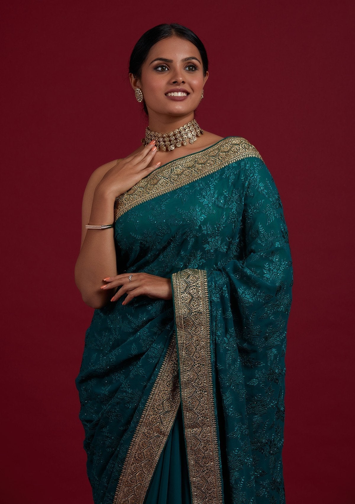 Rama Green Threadwork Georgette Designer Saree - Koskii