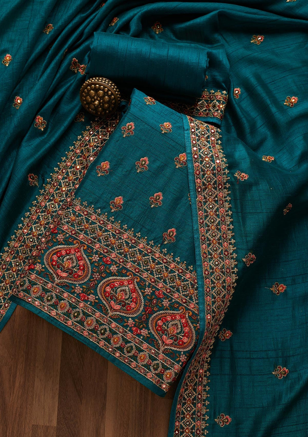 Rama Green Threadwork Raw Silk Unstitched Salwar Suit-Koskii