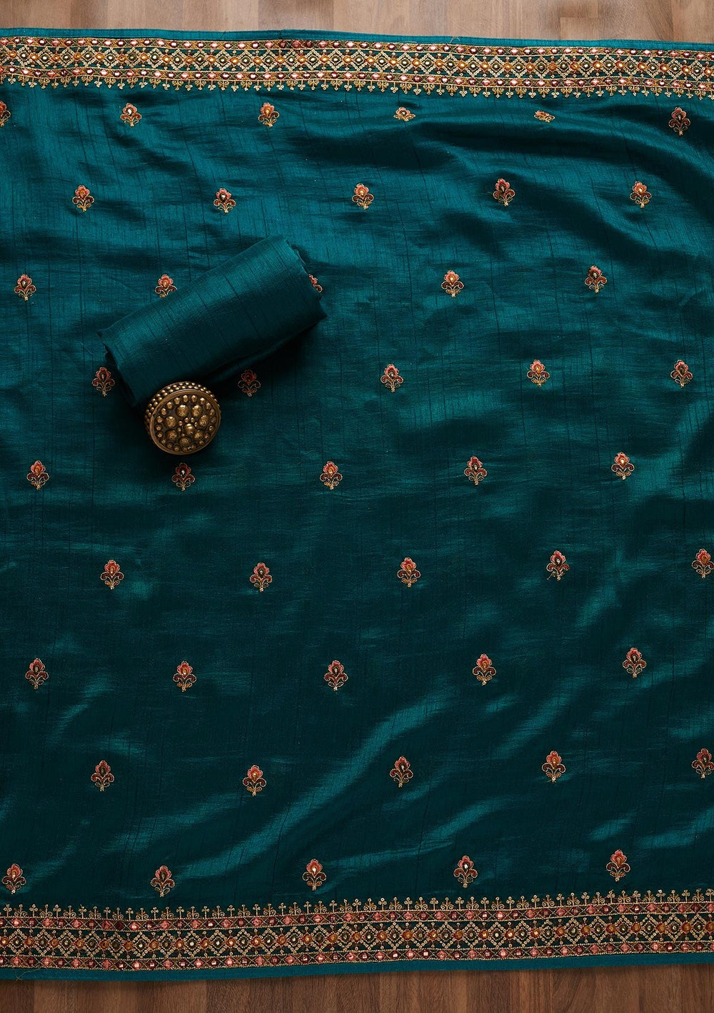 Rama Green Threadwork Raw Silk Unstitched Salwar Suit-Koskii