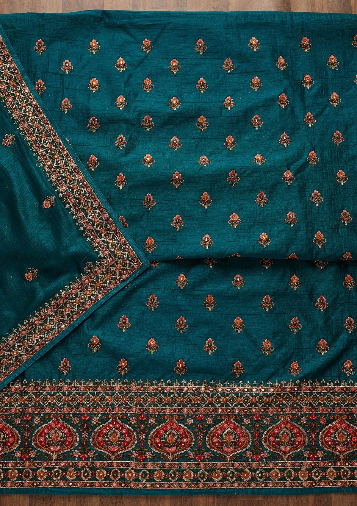 Rama Green Threadwork Raw Silk Unstitched Salwar Suit-Koskii